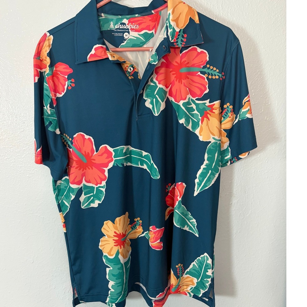 Chubbies Boomshakalaka Mens Performance Polo Shirt Teal Tropical Floral M Golf